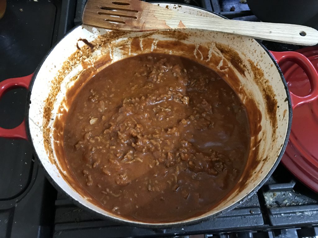 Big round pot of bolognaise looking sauce.