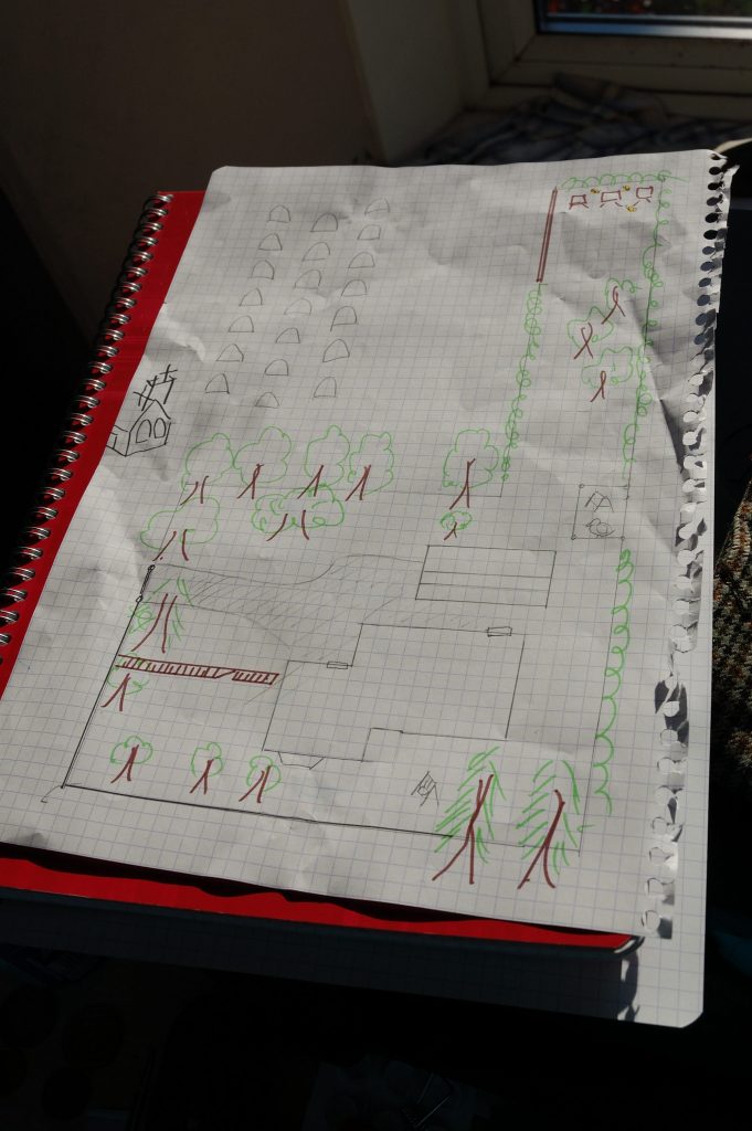 A hastily drawn felt tip treasure map on squared paper.