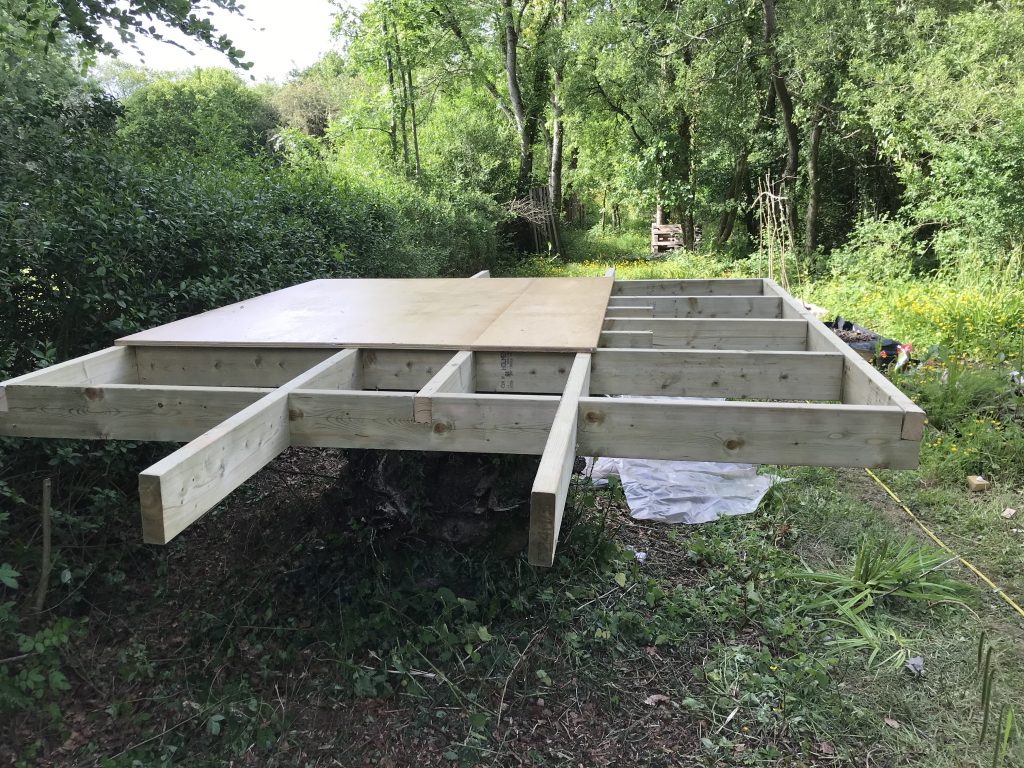 Treehouse base frame with some varnishes sheets of marine ply.