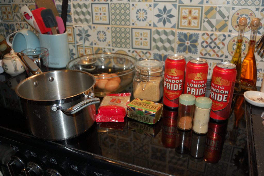 Beer, sugar, eggs, spices and butter.