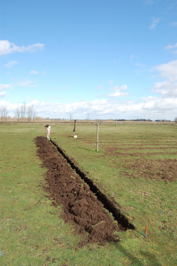 A flat piece of grass with a small trench